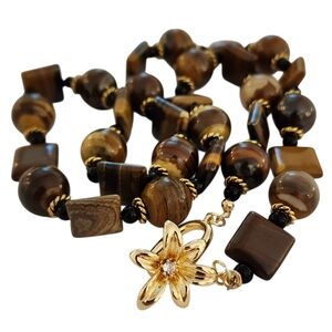 Vintage cat's eye gemstones necklace 14k GP CZ flower clasp gold tiger's eye